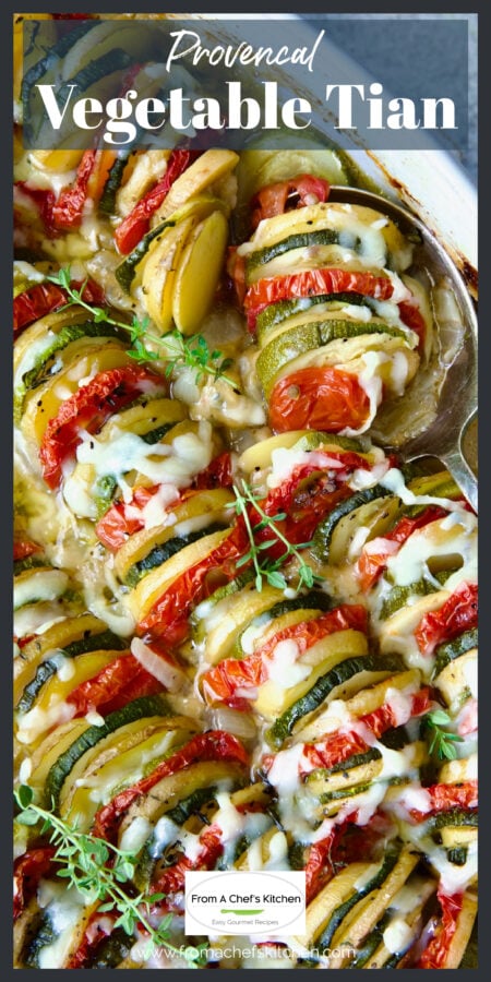 Serving spoon scooping up some Vegetable Tian.