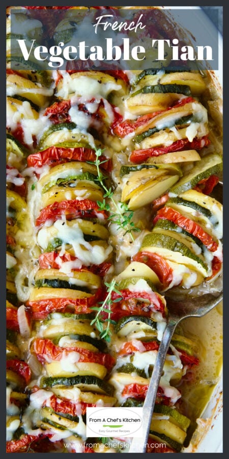 Serving spoon scooping up vegetable tian.