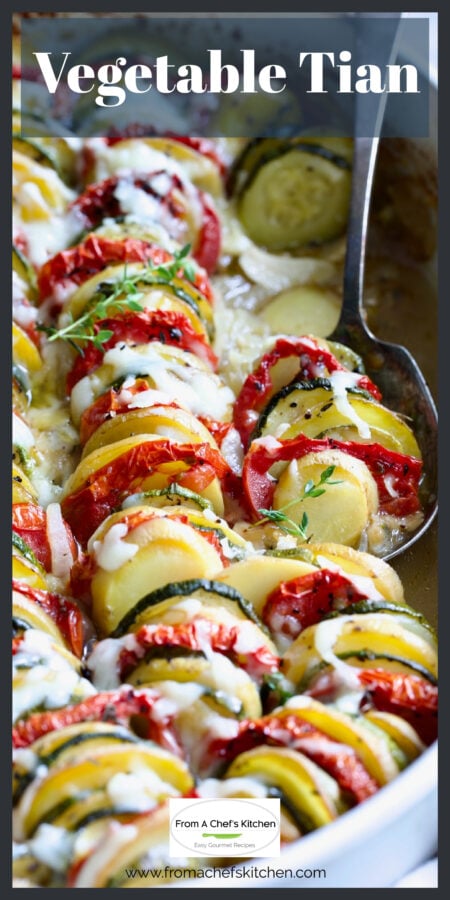 Serving spoon scooping up some of the vegetable tian.