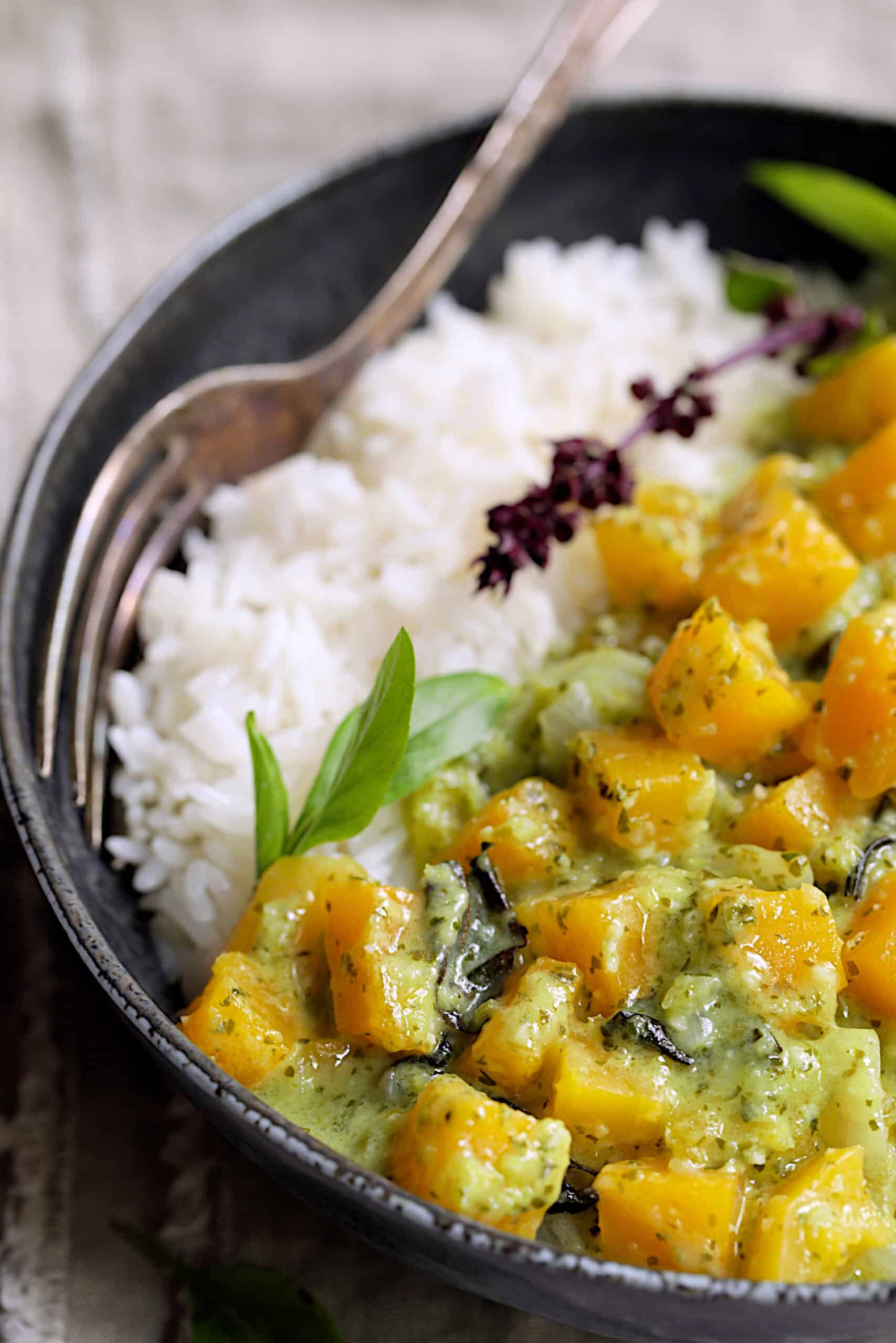 Close-up photo of Butternut Squash in Fresh Green Curry and rice in black bowl with fork.