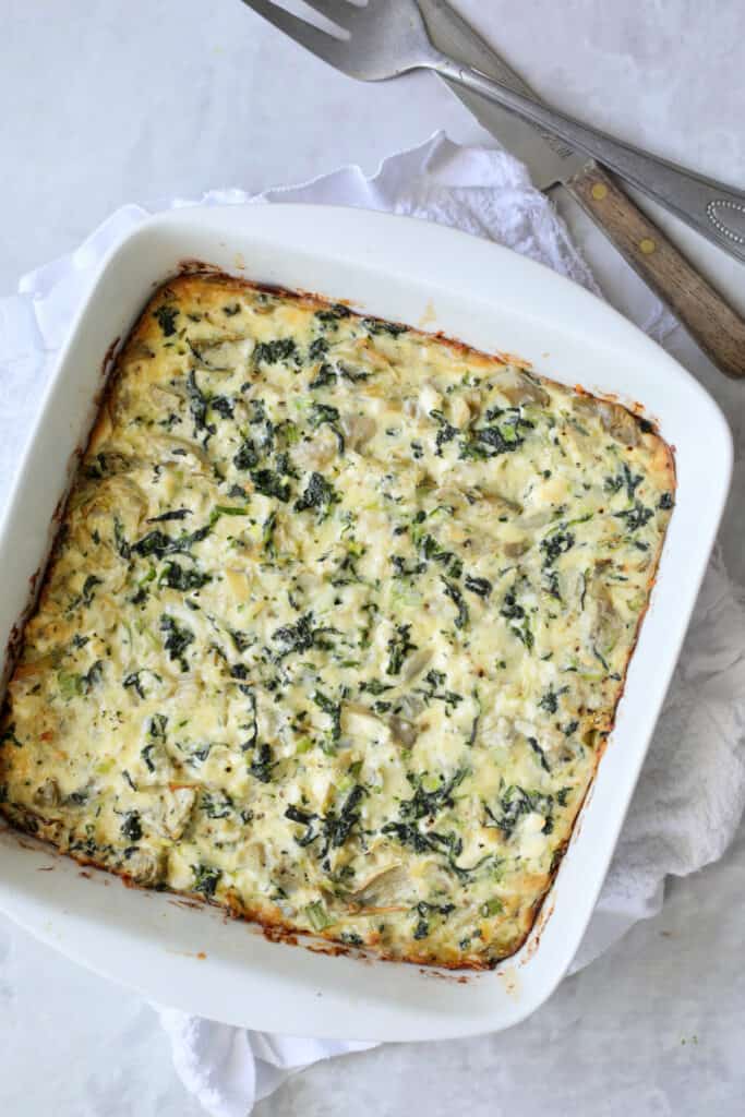 Photo of Spinach Artichoke Squares after being baked before being cut.