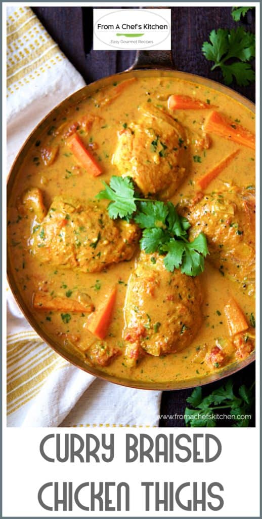 Pinterest graphic for Curry Braised Chicken Thighs showing four thighs in skillet garnished with fresh cilantro.