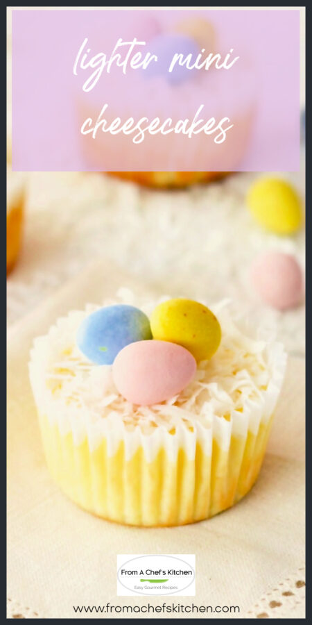 One Lighter Mini Cheesecake decorated with candy robin eggs and coconut.