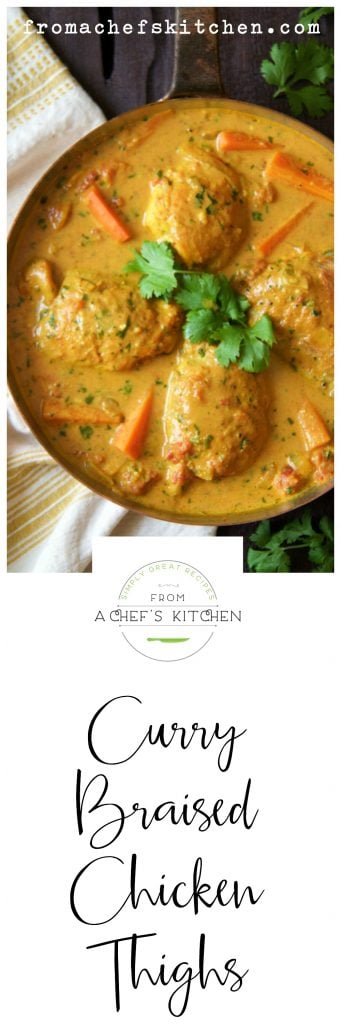 Pinterest graphic for Curry Braised Chicken Thighs in skillet with yellow striped towel.