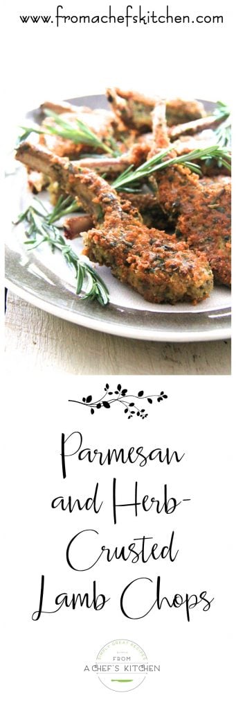 Pinterest graphic for Parmesan and Herb Crusted Lamb Chops showing them on a gray-rimmed platter garnished with rosemary sprigs.