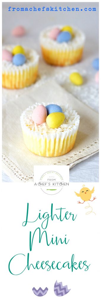 Pinterest graphic for Mini Cheesecakes decorated with coconut and candy robin eggs.