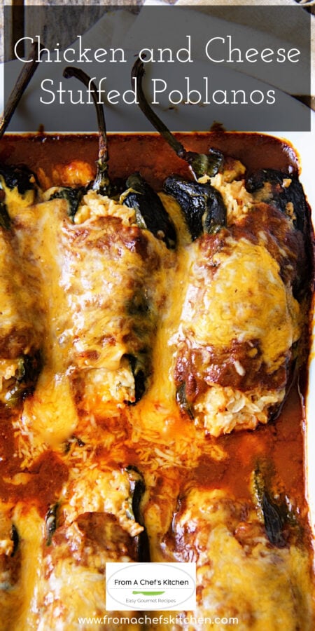 Pinterest graphic for Chicken and Cheese-Stuffed Poblanos showing them in a white rectangular baking dish.