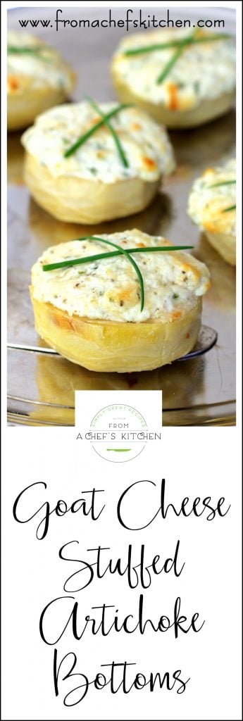 Pinterest graphic for Goat Cheese Stuffed Artichoke Bottoms showing three of them.