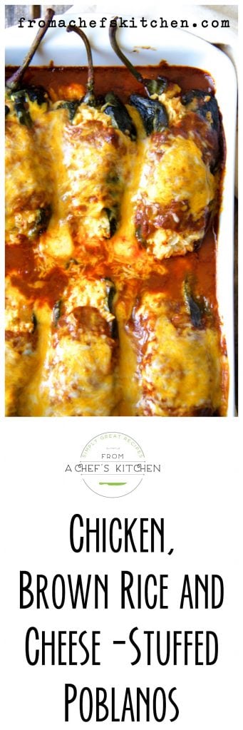 Pinterest graphic for Chicken, Brown Rice and Cheese-Stuffed Poblanos showing it in a white baking dish.