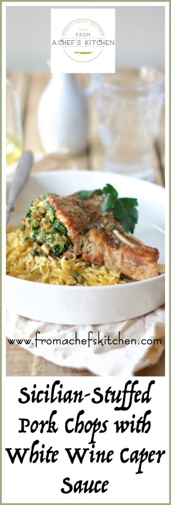 Pinterest graphic for Sicilian Stuffed Pork Chops with White Wine Caper Sauce in white dish.