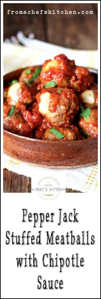Pinterest graphic showing bowl of Pepper Jack Stuffed Meatballs with Chipotle Sauce in earthenware bowl.