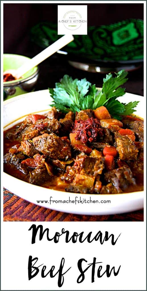 Pinterest graphic for Moroccan Beef Stew showing it in a white bowl.