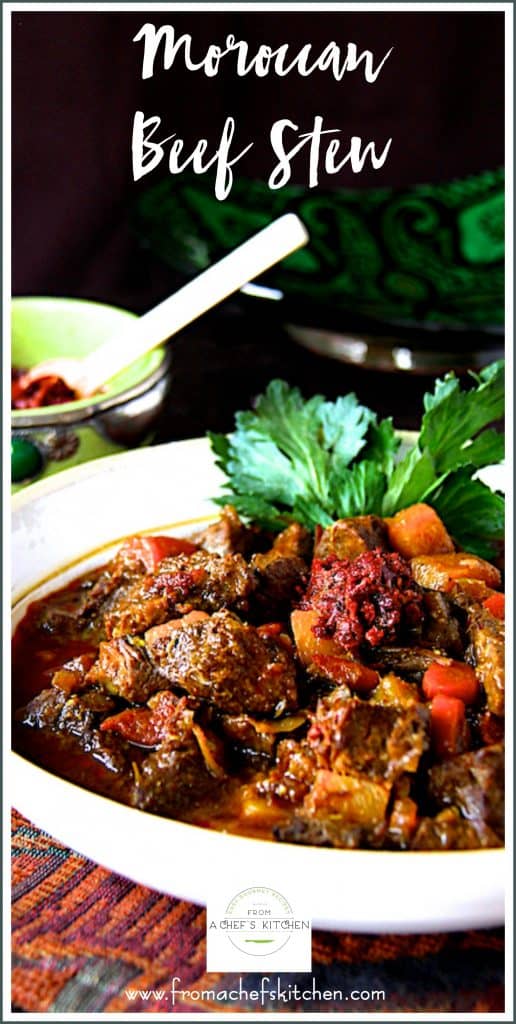 Pinterest graphic for Moroccan Beef Stew showing it in a white bowl.