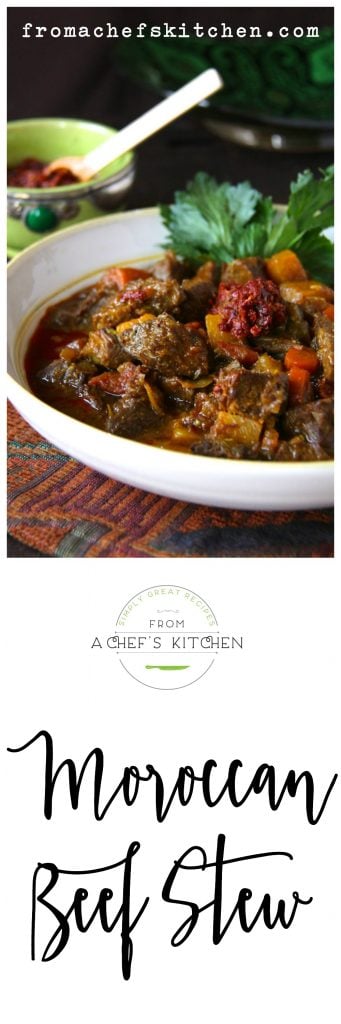 Pinterest graphic for Moroccan Beef Stew in white bowl garnished with celery leaves.