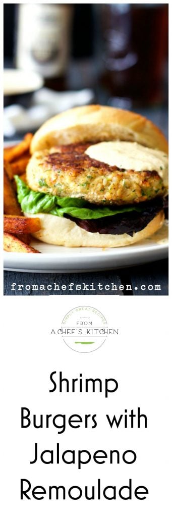 Pinterest graphic for Shrimp Burgers with Jalapeno Remoulade on white plate next to sweet potato fries.
