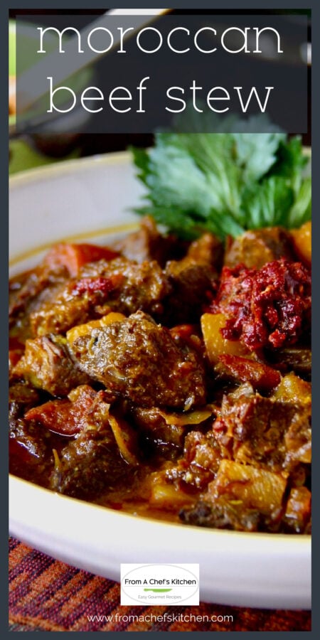 Moroccan Beef Stew in white bowl.