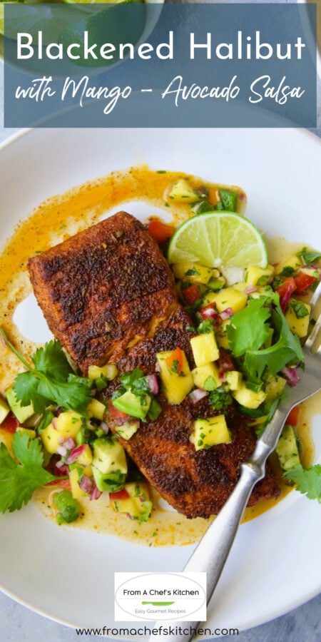 Pinterest graphic for Blackened Halibut with Mango Avocado Salsa showing one serving on a white plate.