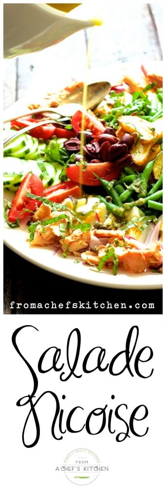 Pinterest graphic for Salade Nicoise showing it on a white platter with dressing being drizzled over it.