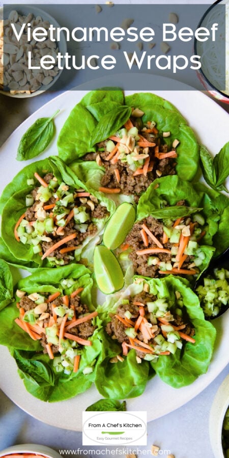 Pinterest graphic for Vietnamese Beef Lettuce Wraps showing six on a white oval platter.