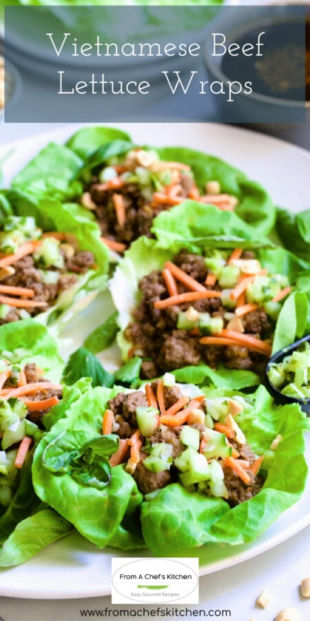 Pinterest graphic for Vietnamese Beef Lettuce Wraps showing six on a white oval platter.