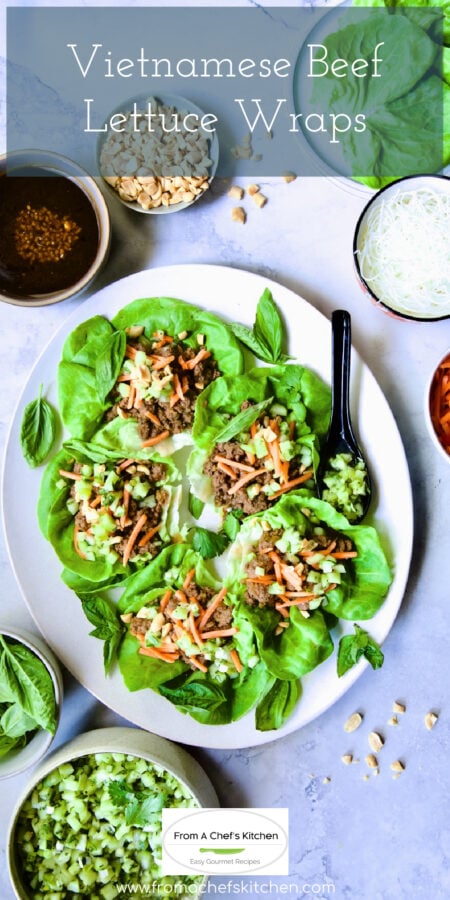 Pinterest graphic for Vietnamese Beef Lettuce Wraps showing six on a white oval platter.