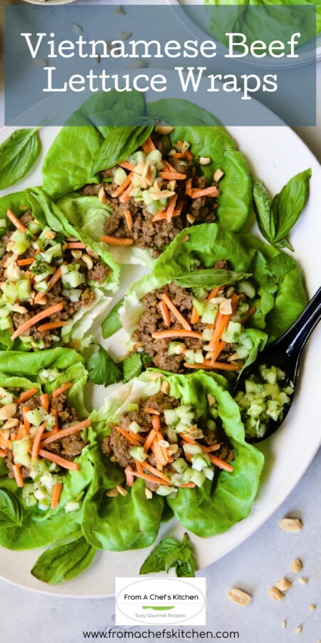 Pinterest graphic for Vietnamese Beef Lettuce Wraps showing six on a white oval platter.