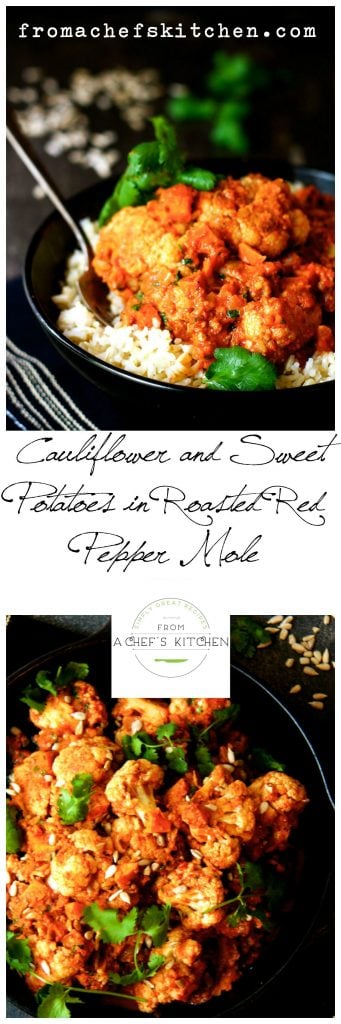 Pinterest graphic for Cauliflower and Sweet Potatoes in Roasted Red Pepper Mole.
