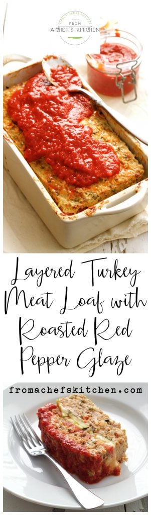 Pinterest graphic for Layered Turkey Meat Loaf with Roasted Red Pepper Glaze with two photos: One in baking dish and one of a slice on a plate.