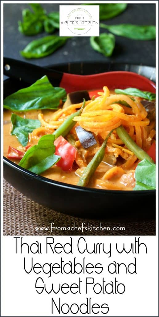 Pinterest graphic for Vegetable Thai Red Curry showing it in a black bowl with red spoon.