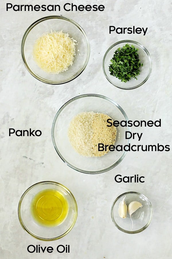 Photo of ingredients for crispy topping in glass bowls.