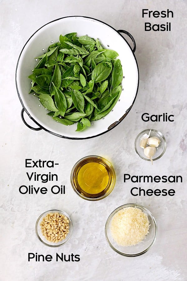 Photo of ingredients for basil pesto.