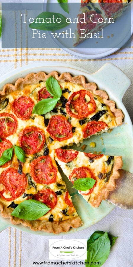 Pinterest graphic for Tomato and Corn Pie with Basil in light blue pie pan with wedges removed.