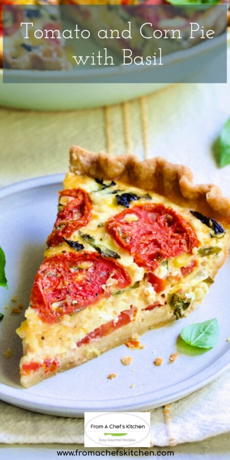 Pinterest graphic for Tomato and Corn Pie showing one piece on round white plate.