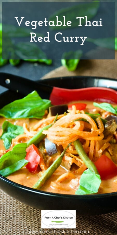 Pinterest graphic for Vegetable Thai Red Curry showing it in a black bowl with red spoon.