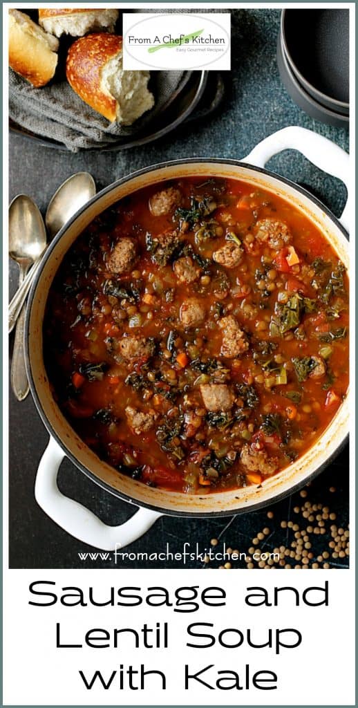 Pinterest graphic for Sausage and Lentil Soup with Kale showing it in a white Dutch oven.