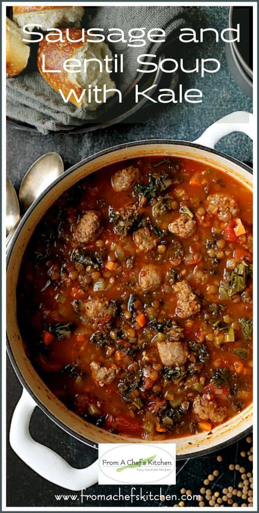 Pinterest graphic for Sausage and Lentil Soup with Kale showing it in a white Dutch oven.