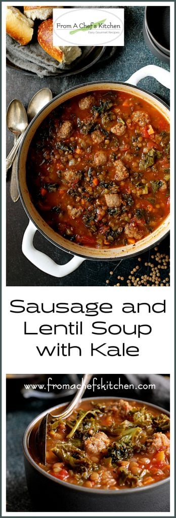 Pinterest graphic for Sausage and Lentil Soup with Kale showing it in a white Dutch oven and in a gray bowl.
