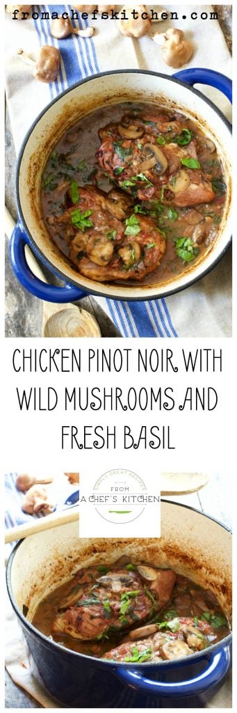 Pinterest graphic for Chicken Pinot Noir with Wild Mushrooms and Fresh Basil in blue Dutch oven.