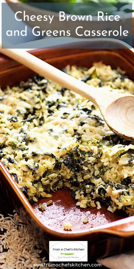 Pinterest graphic for Cheesy Brown Rice and Grains Casserole showing it in a brown baking dish with some removed and wooden spoon resting on top.