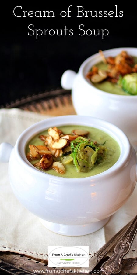 Pinterest graphic for Cream of Brussels Sprouts soup showing two servings in white bowls.