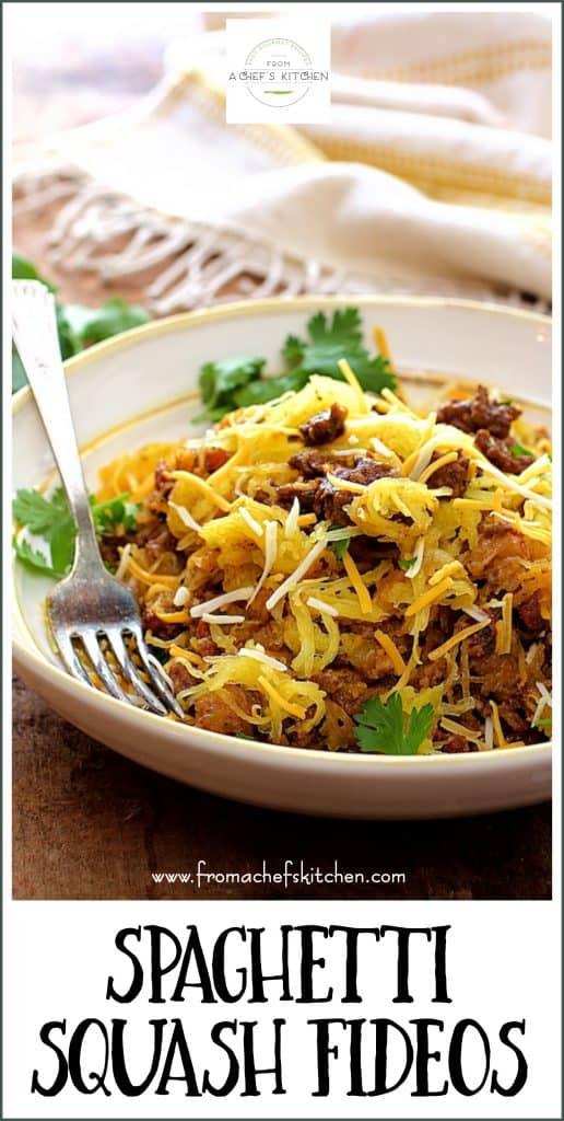 Pinterest graphic for Spaghetti Squash Fideos showing it in a white bowl.