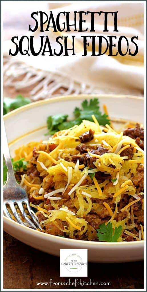 Pinterest graphic for Spaghetti Squash Fideos showing it in a white bowl.