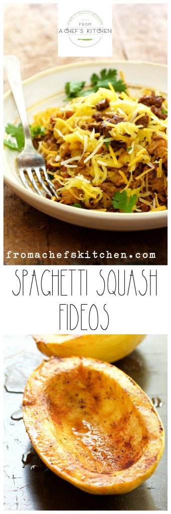 Pinterest graphic for Spaghetti Squash Fideos showing one image of it in a white bowl and second image showing roasted halved spaghetti squash.