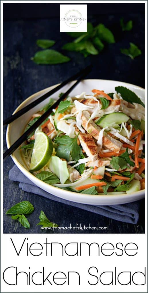 Pinterest graphic for Vietnamese Chicken Salad showing it in a white bowl with black chopsticks.