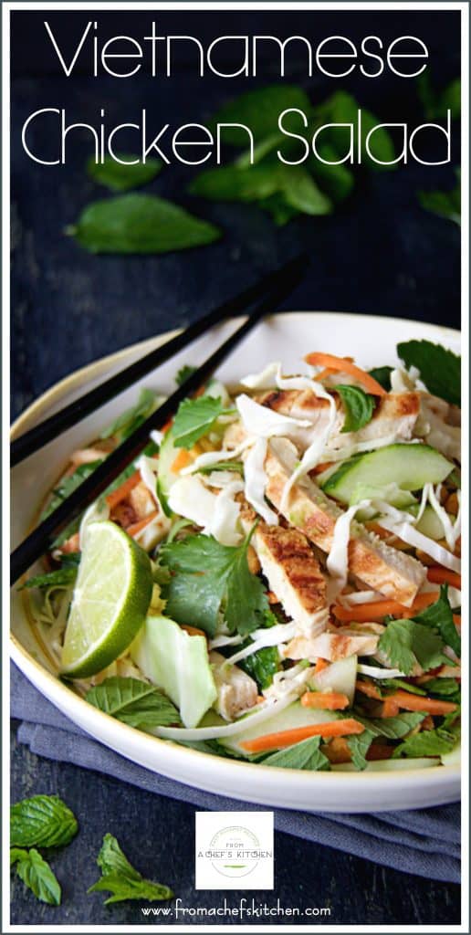 Pinterest graphic for Vietnamese Chicken Salad showing it in a white bowl with black chopsticks.