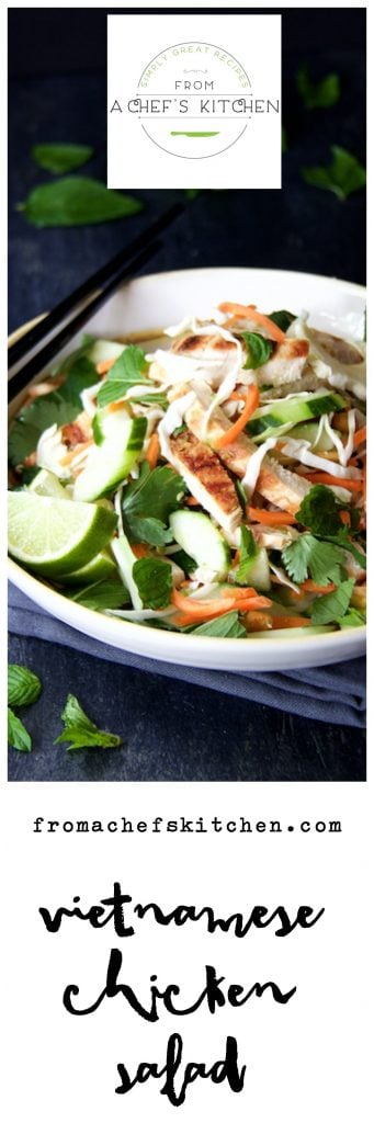 Pinterest graphic for Vietnamese Chicken Salad showing it in a white bowl with black chopsticks.