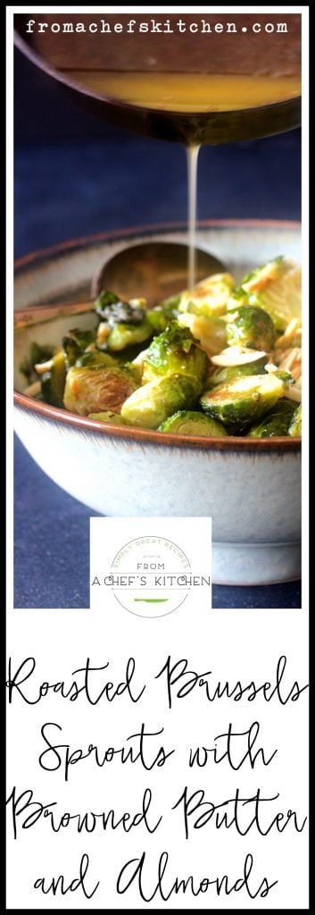 Pinterest graphic for Roasted Brussels Sprouts with Browned Butter and Almonds in serving bowl with butter being drizzled over them.