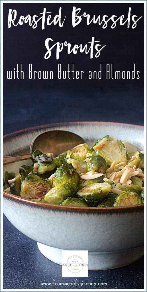 Pinterest graphic for Roasted Brussels Sprouts with Brown Butter and Almonds showing them in a pale green bowl.