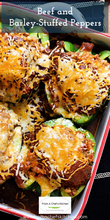 Pinterest graphic for Beef and Barley Stuffed Peppers showing four servings in a white baking dish.