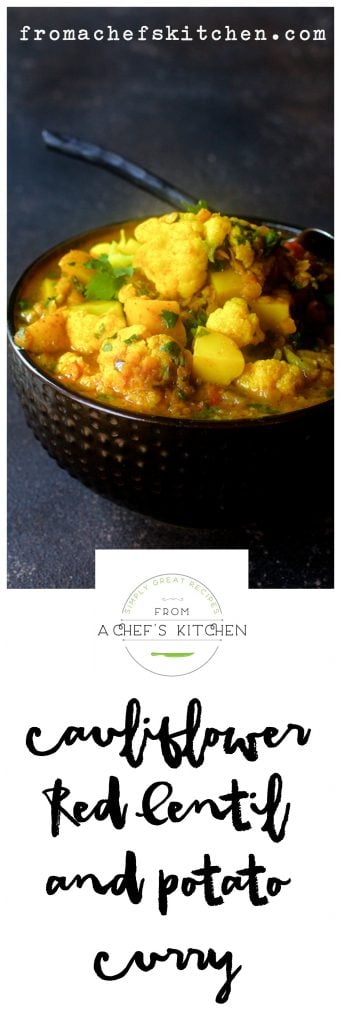 Pinterest graphic for Cauliflower, Red Lentil and Potato Curry with the curry in brown bowl.
